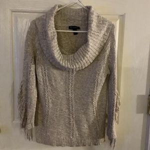 INC Cowl Neck, fringe arms Sweater, light brown & white, Size L